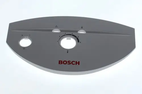 Bosch-Geräteblende in ovaler Form mit Bedienelementen, darunter ein Drehregler und Statusanzeigen, auf weißem Hintergrund.